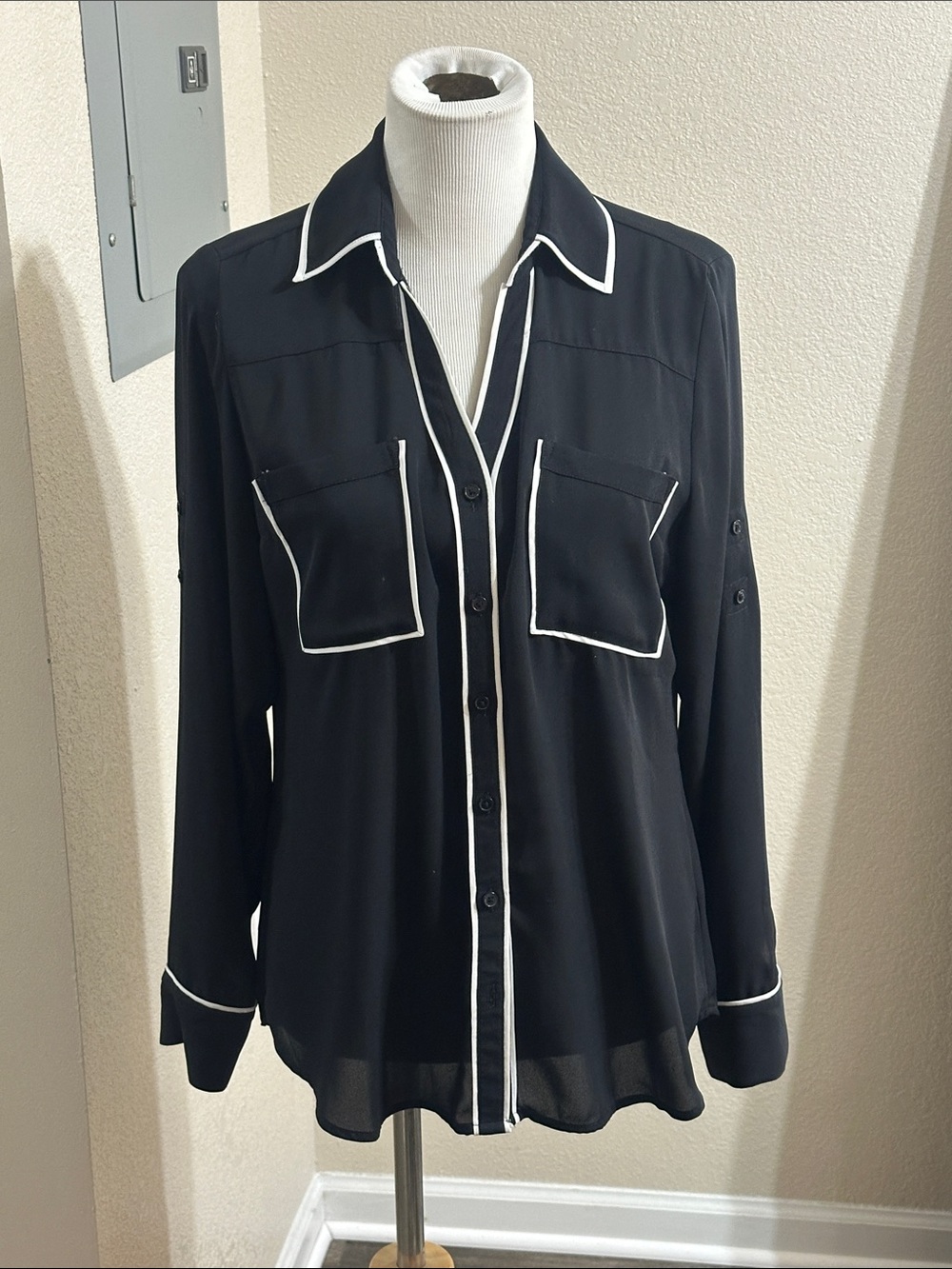 Express Black Button-Down Shirt with White Piping